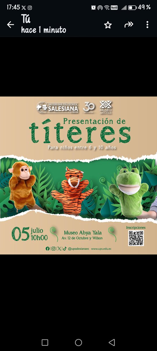 Presentación de #titeres en el Museo Abya-Yala.
Inscríbete: forms.gle/VxsgpMpWWauonx…

Viernes 5 de julio
10 am
Av. 12 de Octubre 23-116 y Wilson