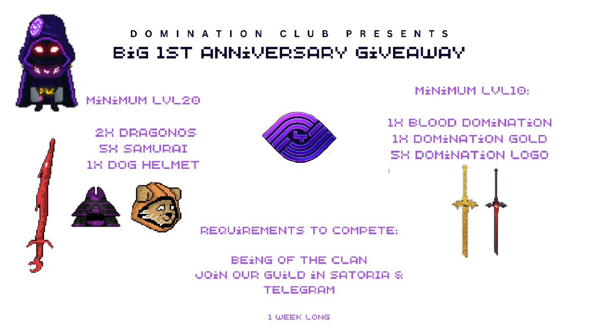 Heyoo Fam!!😎 Let's celebrate our 1ST Bday w/ 15 gifts!!🎁 🎉 

-2 DRAGONOS
-5 Samurai Hat
-1 DOG Helmet
-1 Domination Sword Gold
-1 Domination Sword Blood
-5 Logos
Rules:
Like+RT+ Tag3
Join our GUILD in satoria.world
&amp;Telegram
t.me/DOMINATIONSATO…
Winners in 7 days!