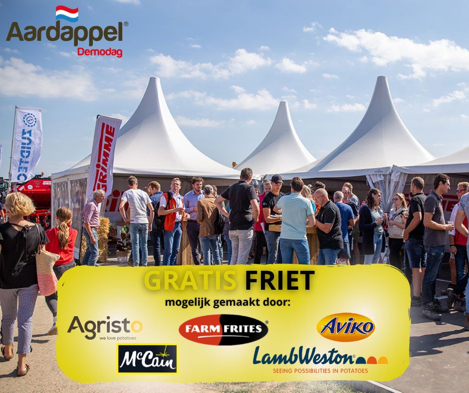 Kom naar de Aardappeldemodag en geniet van gratis friet! Dankzij @Aviko, @FarmFrites, @LambwestonNL, <a href="/McCain/">Daniel McCain</a>, en @Agristo. #Aardappeldemodag #VAVI #Aviko #FarmFrites #Lambweston #McCain #Agristo