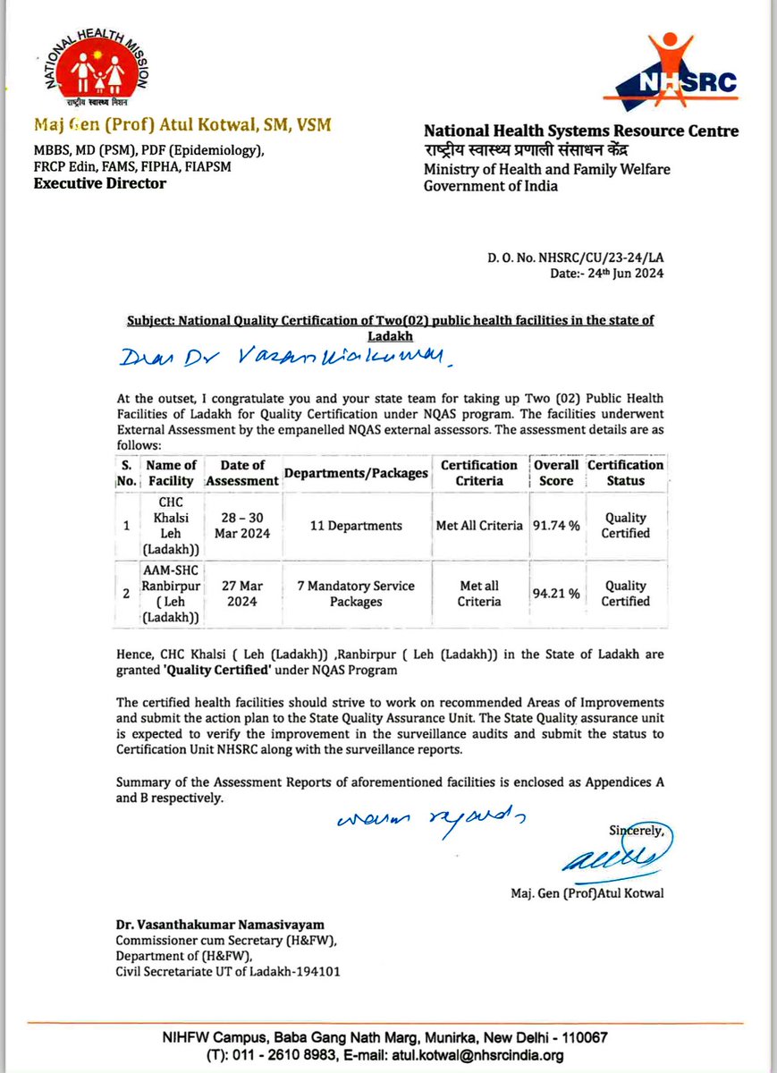 NHM Ladakh (@nhmladakh) on Twitter photo In a remarkable achievement, CHC Khaltsi & AAM Ranbirpur have been qualified the prestigious National Quality Certification for Public Health Facilities under NQAS Program. This milestone sets new standard in healthcare excellence for UT Ladakh. <a href="/lg_ladakh/">Office of the Lt. Governor, Ladakh</a> In a remarkable achievement, CHC Khaltsi & AAM Ranbirpur have been qualified the prestigious National Quality Certification for Public Health Facilities under NQAS Program. This milestone sets new standard in healthcare excellence for UT Ladakh. <a href="/lg_ladakh/">Office of the Lt. Governor, Ladakh</a>