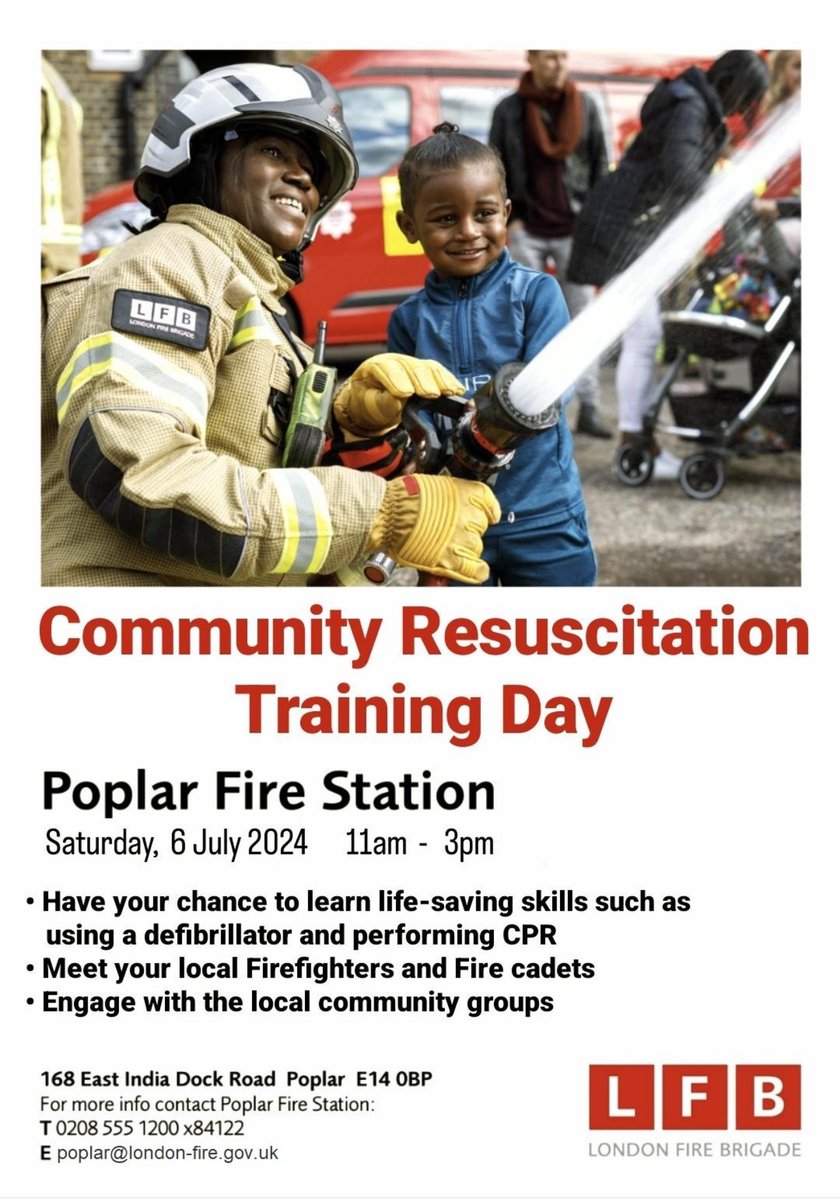 LondonFire's tweet image. Have weekend plans?

Why not come down to  #Poplar Fire Station's Community Resuscitation Training Day - this Saturday 6 July, 11:00-15:00🚒 👩🏿‍🚒 🚒

You'll have the opportunity to meet @LFBTowerHamlets firefighters and learn life-saving skills like CPR!