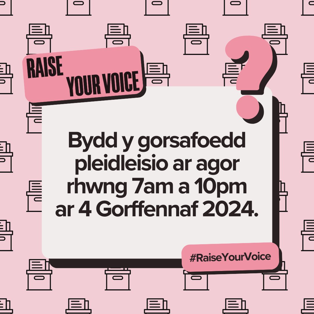 Bydd y gorsafoedd pleidleisio ar agor rhwng 7am a 10pm ar 4 Gorffennaf 2024. 🗳️

<a href="/BGCwales/">BGC Wales</a>
<a href="/SwanseaMAD/">Swansea MAD</a>
<a href="/WelshGovernment/">Welsh Government</a>

#RaiseYourVoice