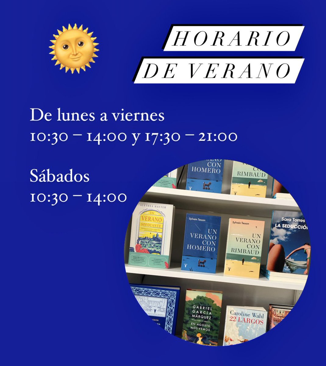 Desde este fin de semana y hasta septiembre comienza nuestro horario de verano. Os seguiremos atendiendo al fresquito de los libros 🙂

¡¡Felices vacaciones!!