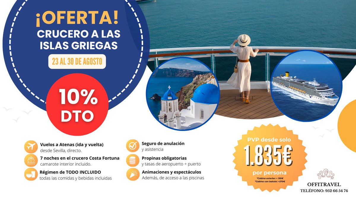 Offitravel's tweet photo. CHOLLAZO DEL MES 🔥🔥

¡Tu próximo viaje está a punto de zarpar! Disfruta de una experiencia inolvidable con nuestro crucero TODO INCLUIDO 😍

¡Aprovecha nuestros increíbles precios, con un 10% DE DESCUENTO! 😱⚠️

https://t.co/LSGSVj4ltm https://t.co/6V29w2T4K9