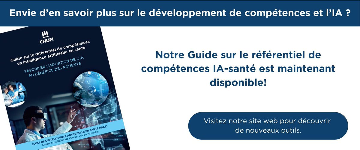 L’ÉIAS est fière de vous présenter ses nouveaux outils s’appuyant sur le Référentiel de compétences en IA-santé. 
Consultez dès maintenant➡️buff.ly/3wlxqlC!
📕 Le Guide sur le référentiel de compétences en#IA en santé tant attendu et; 
📑 L’outil interactif.
