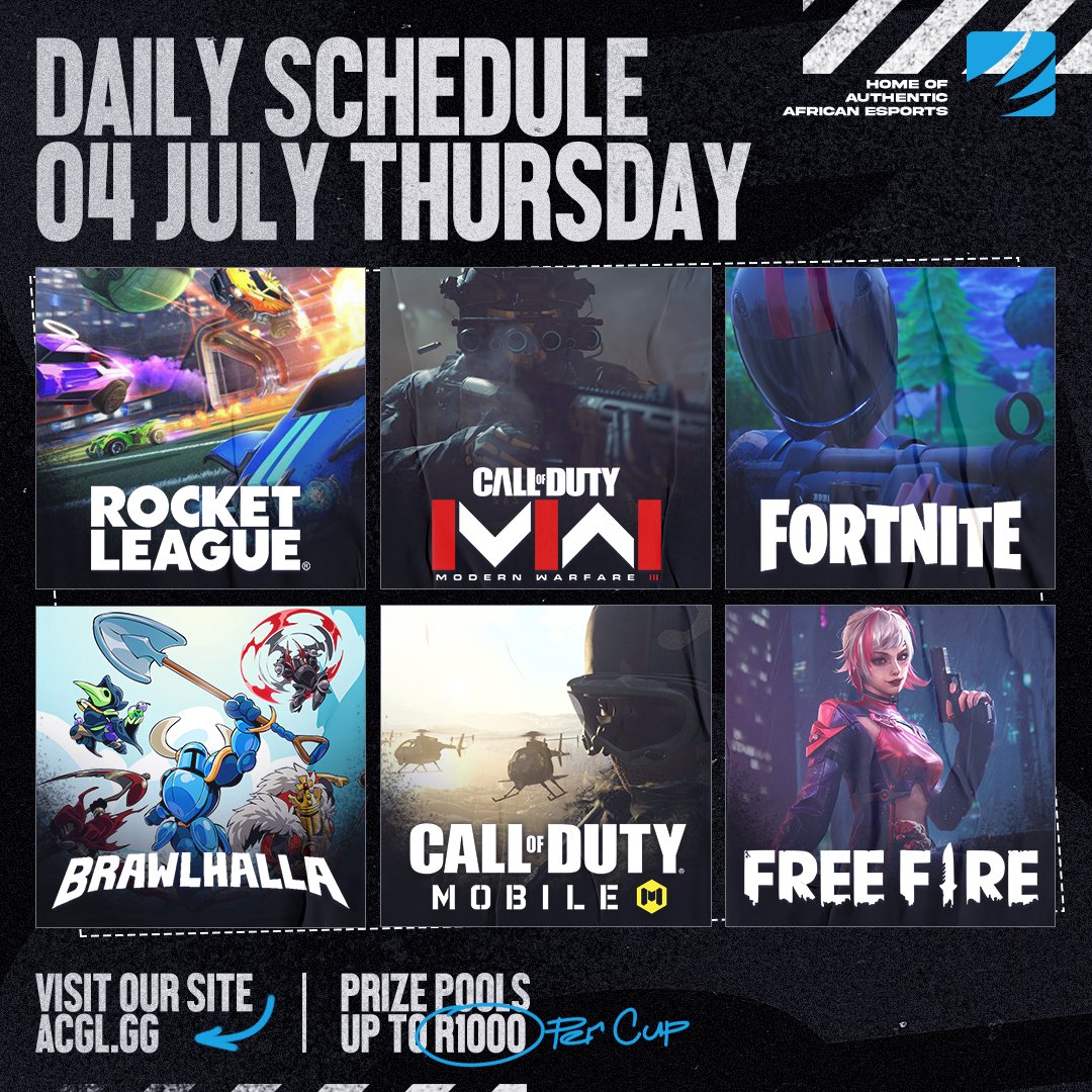 AfricanGaming's tweet photo. 📅 Thursday night's online cups:
🔴 #ModernWarfare3
📲 #CODmobile
⚽️ #RocketLeague
⚒ #Fortnite
🔫#FreeFire
🥊 #Brawlhalla
💰 Up to R1,000 cash per cup.
📝 Register for free: https://t.co/QNoe4zW4E9
#CODZA #CODMZA #RLZA #BrawlZA #FortniteZA #esportsZA #gamingZA https://t.co/AVZodd2HTa