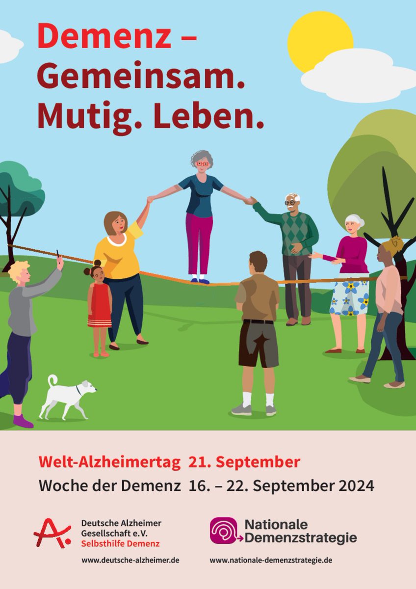 Die Deutsche #Alzheimergesellschaft hat auch zum diesjährigen Welt-Alzheimertag am 21. September ein Motto: Demenz - Gemeinsam. Mutig. Leben.
Die Akteure der Nationalen #Demenzstrategie beteiligen sich mit vielfältigen Aktionen an der Woche der Demenz 🖱️ nationale-demenzstrategie.de/aktuelles/arti…