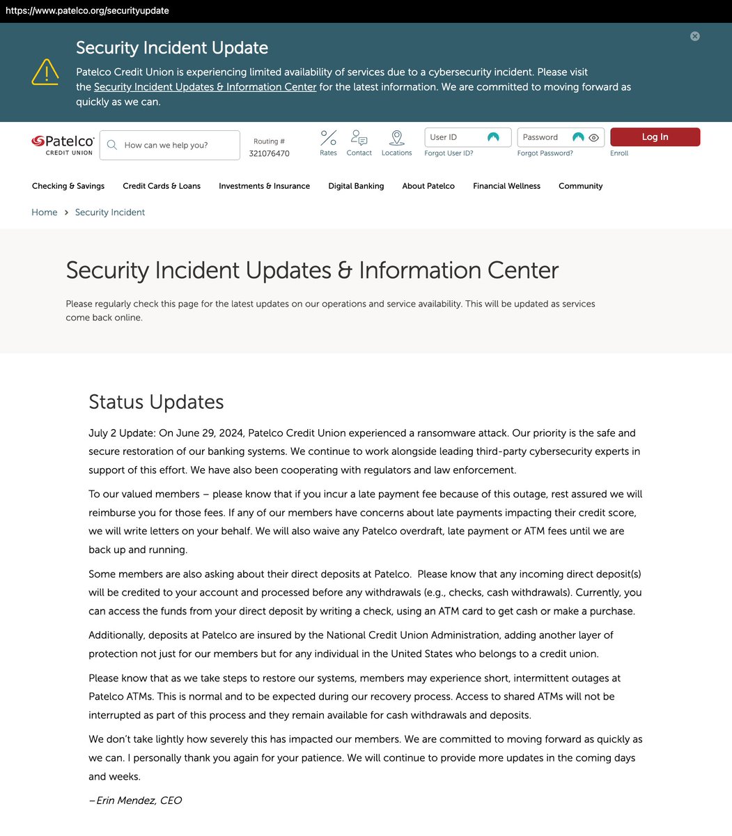 _venarixES_'s tweet image. #Patelco Credit Union (@PatelcoPays), una institución financiera en #California 🇺🇸, se encuentra experimentando un #ciberataque #ransomware... se desconoce aun el grupo actor detrás de este #hackeo...
#patelcobreach 
Más ℹ️ registrate gratis en #VenariX ➡️ venarix.com