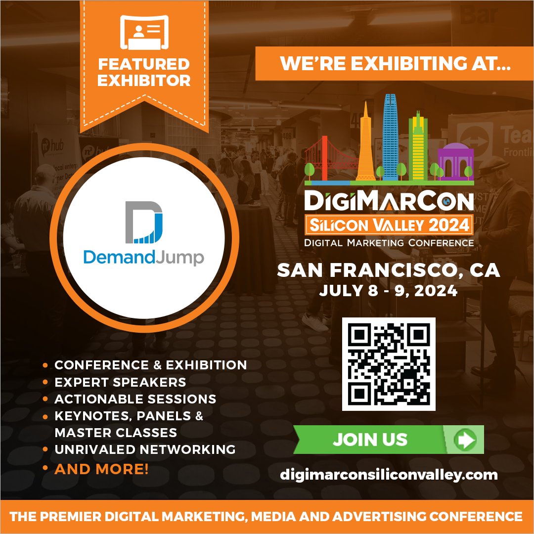 DigiMarCon's tweet image. Exciting news! DemandJump is thrilled to be exhibiting at #DigiMarConSiliconValley 2024, the ultimate marketing conference on July 8th to 9th, 2024 at Westin San Francisco Airport Hotel in San Francisco, California. Join us! digimarconsiliconvalley.com DigiMarCon