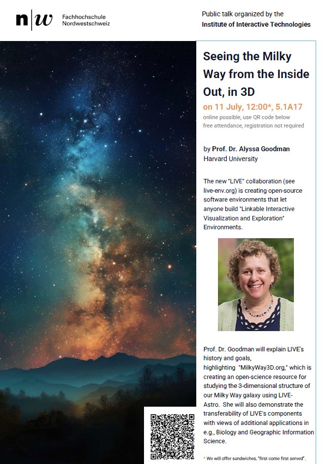 We are thrilled to invite you to Prof. Dr. Alyssa Goodman's brownbag talk on 11 July 2024. 

Title: "Linkable Interactive Visualization and Exploration (LIVE) Environments, with a Tour of the Milky Way, in 3D"

Check the flyer below - Explore the #MilkyWay in 3D!