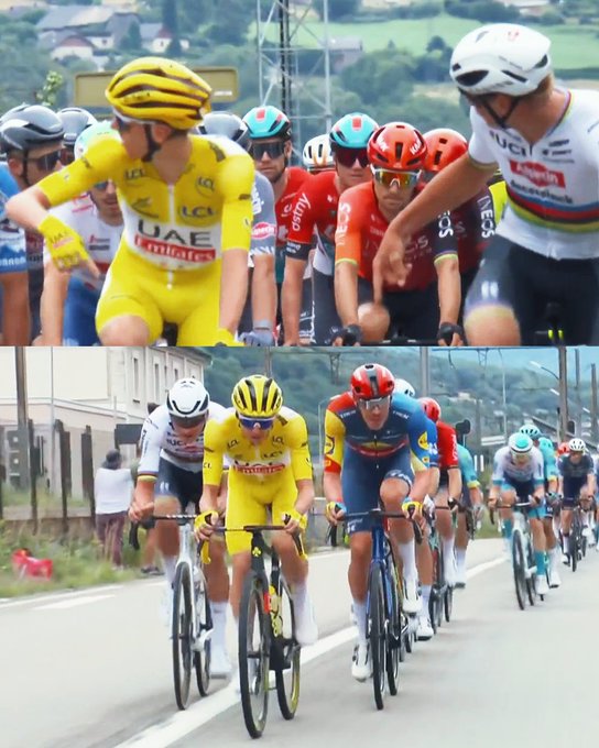 Tadej Pogacar taking pulls on the front of the peloton with Mathieu van der Poel and Tim Declercq 😅 #TDF2024