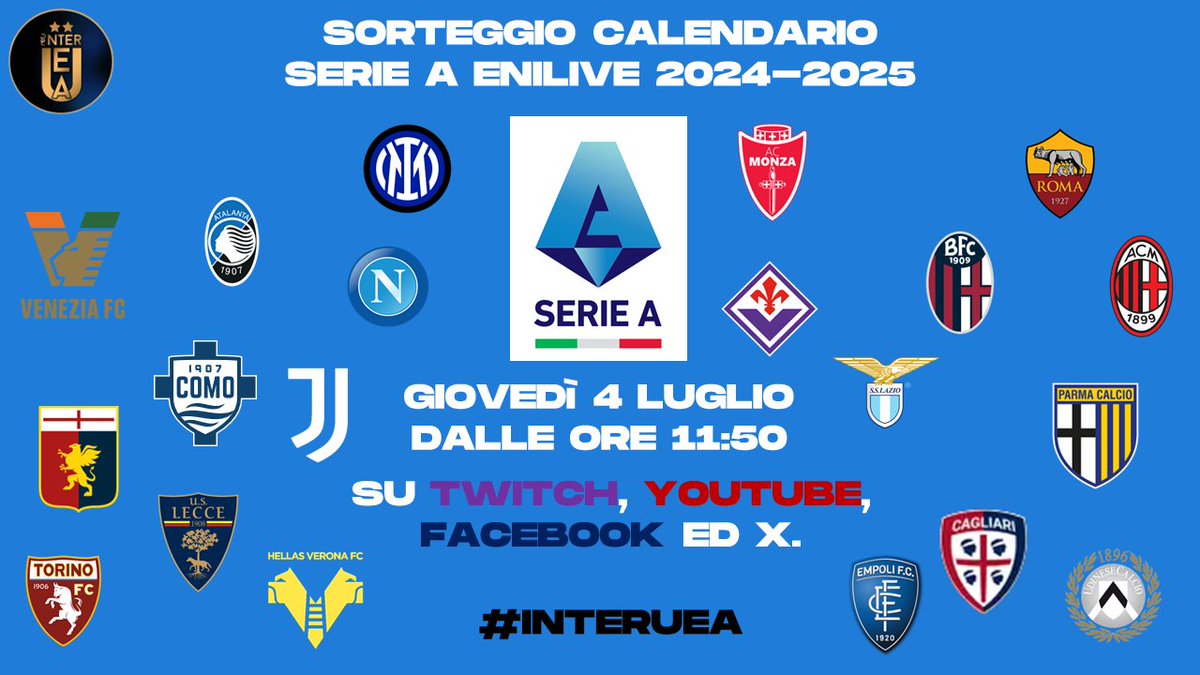 InterUEA's tweet photo. Seguite con noi il #sorteggio del #calendario della #SerieAEnilive 2024-2025.
#interuea #interunicoedeternoamore https://t.co/wD1FOEiXP1