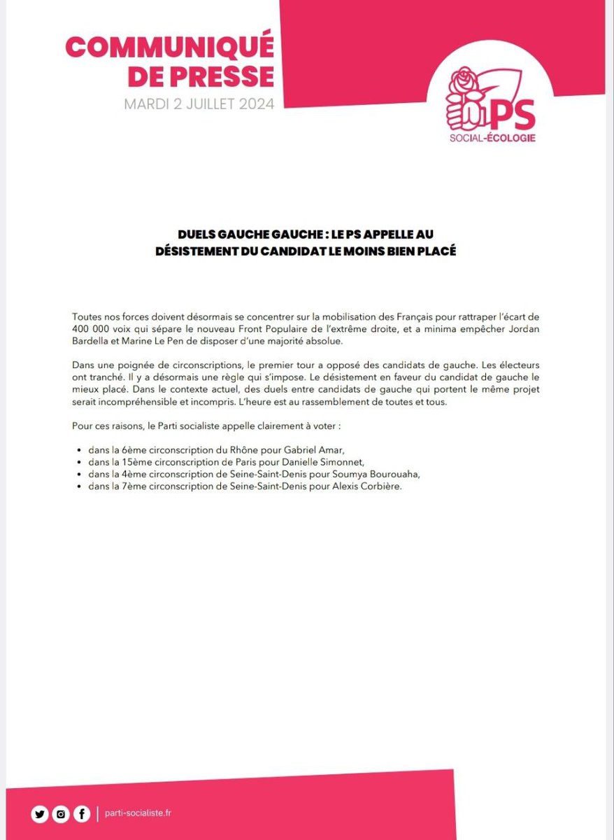 Les mensonges doivent cesser dans la 7e circonscription de Seine Saint-Denis. Je suis arrivé en tête au 1er tour. La majorité des composantes du Nouveau Front Populaire me soutient ainsi que ma suppléante <a href="/HabyKa1/">Haby Ka</a>. Le Parti socialiste et <a href="/faureolivier/">Olivier Faure</a> l'ont encore réaffirmé.