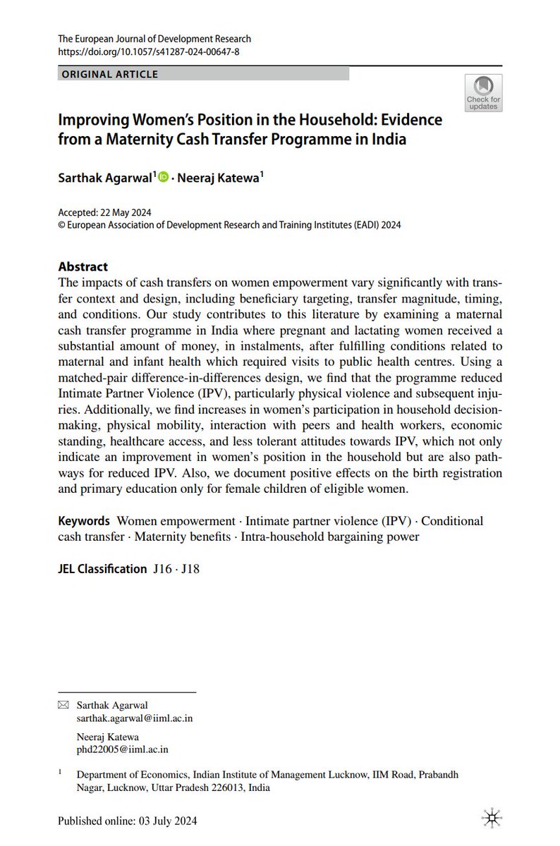 Sarthak Agarwal (@sarthak_agarwl) on Twitter photo Our paper (joint with <a href="/neeraj_katewa/">Neeraj Katewa</a>) on maternal cash transfers+ and women empowerment is now published online and can be accessed here:
doi.org/10.1057/s41287…
<a href="/SERI_Network/">Society for Economics Research in India</a> <a href="/EADI/">EADI</a> <a href="/SpringerNature/">Springer Nature</a> <a href="/IIML/">IIM Lucknow</a> Our paper (joint with <a href="/neeraj_katewa/">Neeraj Katewa</a>) on maternal cash transfers+ and women empowerment is now published online and can be accessed here:
doi.org/10.1057/s41287…
<a href="/SERI_Network/">Society for Economics Research in India</a> <a href="/EADI/">EADI</a> <a href="/SpringerNature/">Springer Nature</a> <a href="/IIML/">IIM Lucknow</a>