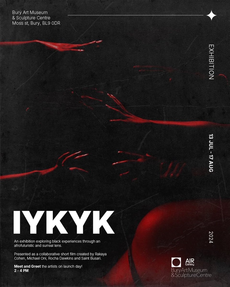 IYKYK  By Rakaya Cohen opens in our Moving Image Gallery on the 9th July. The film explores the intersection of Afro-futurism and surrealist aspects through the perspective of the Black lens.
Meet the Artist Event 13th July 2pm Engage directly with the artists featured.