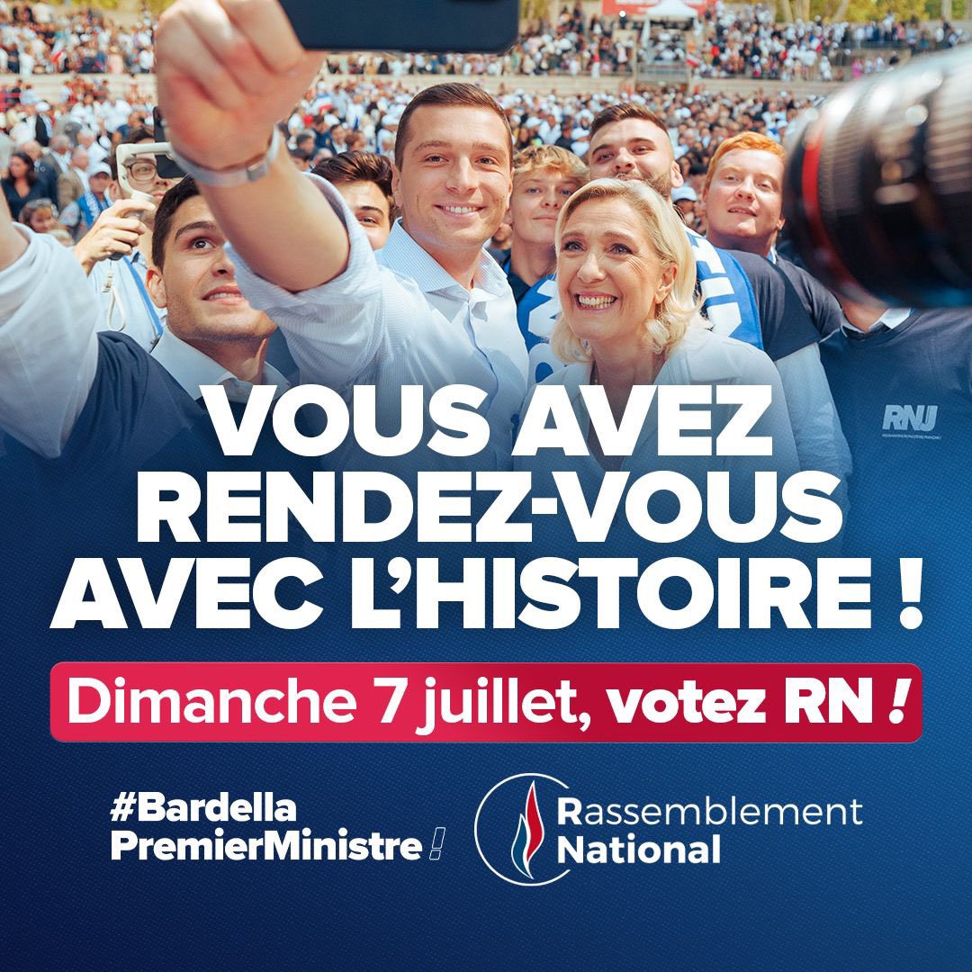 RNational_off's tweet photo. 🔴 Le 7 juillet, le peuple de France peut reprendre le pouvoir et ainsi écrire une nouvelle et belle page de son histoire !

Dimanche, votre vote peut faire la différence. Mobilisez-vous et votez RN ! 🇫🇷

#BardellaPremierMinistre https://t.co/QRr8eRXm9O