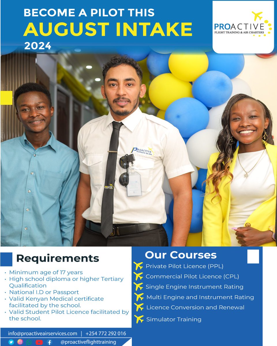 ProactiveFlight's tweet image. 🚀 Ready to take off? Join Proactive Air Services for our August intake! Enroll in PPL, CPL, Single/Multi IR, and Simulator Training. Limited spots available – apply today! 🌟✈️

#ProactiveAirServices #PilotTraining #Aviation 
📞0772292016 📧info@proactiveairservices.com
