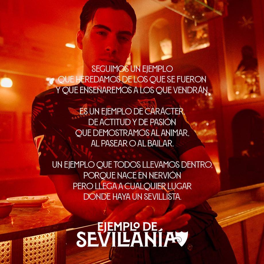 SevillaFC's tweet photo. 🆕 Nuestra actitud y pasión viene de nuestra ciudad. Habrá quien le diga carácter, nosotros lo llamamos SEVILLANÍA. 👕⚪️🔴⚫️

#EjemploDeSevillanía