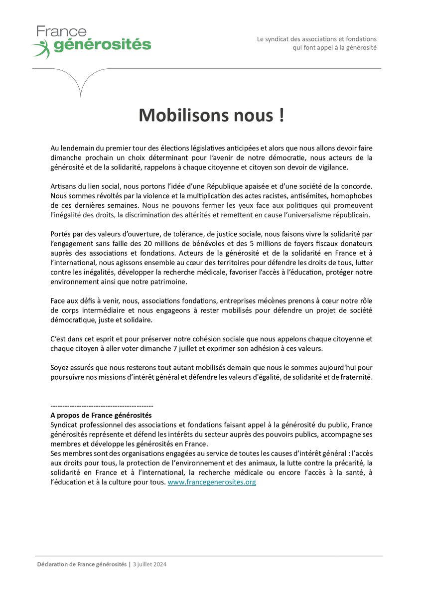 🚨Acteurs de la générosité, associations, fondations, entreprises mécènes, mobilisons-nous !

Face aux défis à venir, nous nous engageons à rester mobilisés pour défendre un projet de société démocratique, juste et solidaire🫂

Le 7 juillet, nous appelons au vote des citoyens 👇