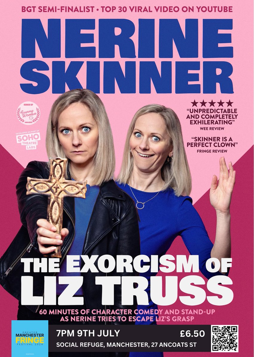 Who fancies my show in Manchester next week? 9th July <a href="/SocialRefugeMCR/">SocialRefuge</a> <a href="/GMFringe/">Greater Manchester Fringe</a> 7pm. I’ll be honest, there’s really great availability on tickets🤣Please tell your friends&amp;spread the word! &amp;post election too, so come see if the show changes again 🤣
Link: greatermanchesterfringe.co.uk/events/nerine-…