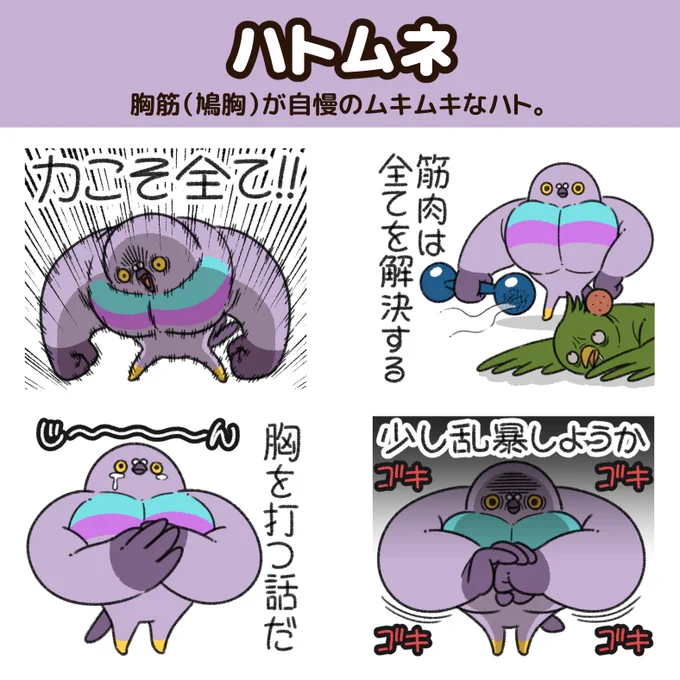 胸筋(鳩胸)が自慢のムキムキなハトのLINEスタンプ。 脳筋なのか鳥頭なのか、物忘れが激しい。 