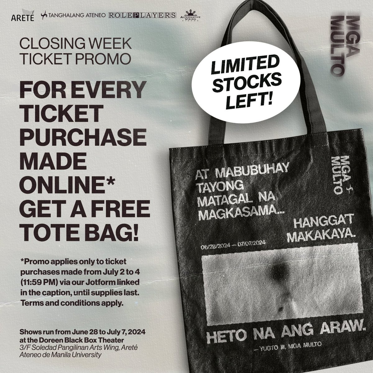 TAofficial_'s tweet photo. 🎟 LIMITED SUPPLIES ALERT! 🎟

Our free tote bags are ALMOST OUT OF STOCK! With every ticket purchase from today until TOMORROW NIGHT, 11:59 PM, you’ll receive a limited edition tote bag – but only while supplies last! https://t.co/hBzCvGOICd