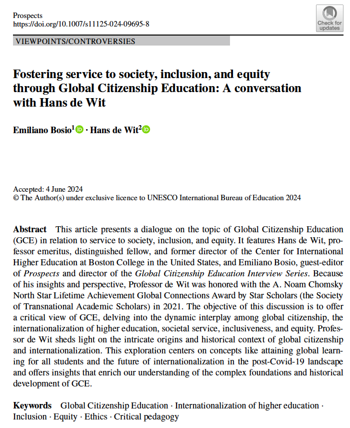 🌍 Delighted to share my latest publication with Hans de Wit in <a href="/IBE_Prospects/">UNESCO Prospects</a> <a href="/IBE_DocCenter/">UNESCO IBE Documentation Center & Archives</a> <a href="/SpringerEdu/">Springer Education</a> 📚 "Fostering service to society, inclusion, and equity through Global Citizenship Education” FULL: link.springer.com/article/10.100…