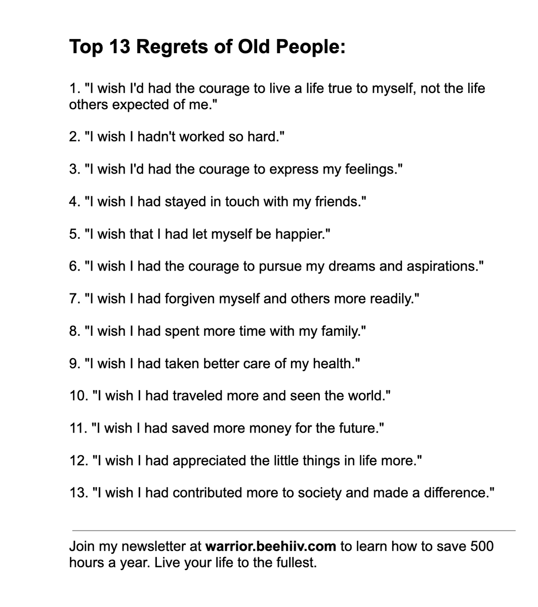 SaveMoreTime's tweet photo. Top 13 Regrets of Old People: https://t.co/cpRpwwameJ