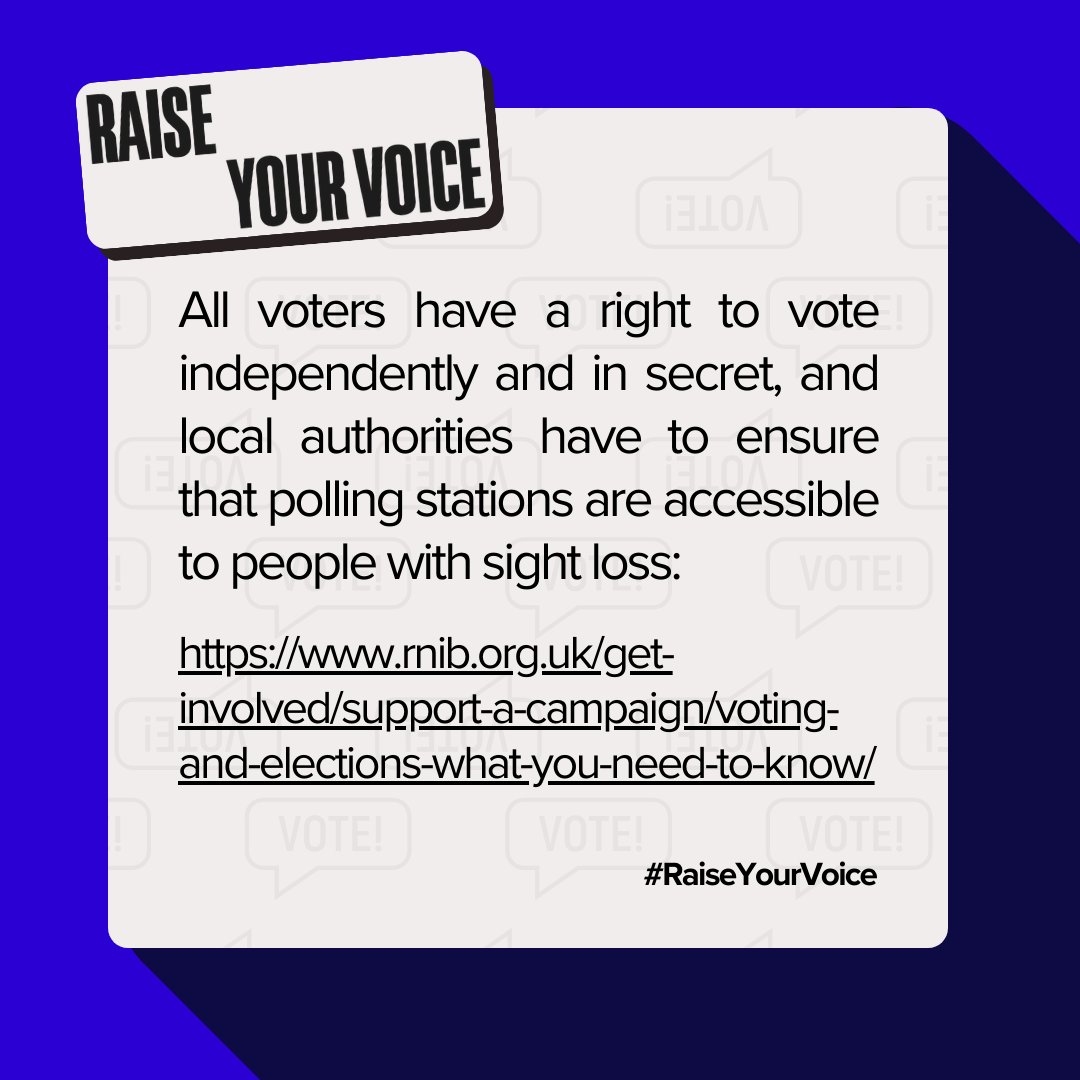 🗳️ All voters have a right to vote independently and in secret, and local authorities have to ensure that polling stations are accessible to people with sight loss: 

rnib.org.uk/get-involved/s… 

<a href="/BGCWales/">BGC Wales</a>
<a href="/SwanseaMAD/">Swansea MAD</a>
<a href="/WelshGovernment/">Welsh Government</a>

#RaiseYourVoice