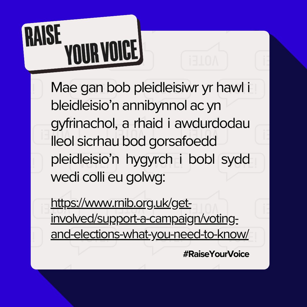 🗳️ Mae gan bob pleidleisiwr yr hawl i bleidleisio’n annibynnol ac yn gyfrinachol, a rhaid i awdurdodau lleol sicrhau bod gorsafoedd pleidleisio’n hygyrch i bobl sydd wedi colli eu golwg:

rnib.org.uk/get-involved/s…

<a href="/BGCWales/">BGC Wales</a>
<a href="/SwanseaMAD/">Swansea MAD</a>
<a href="/WelshGovernment/">Welsh Government</a>

#RaiseYourVoice