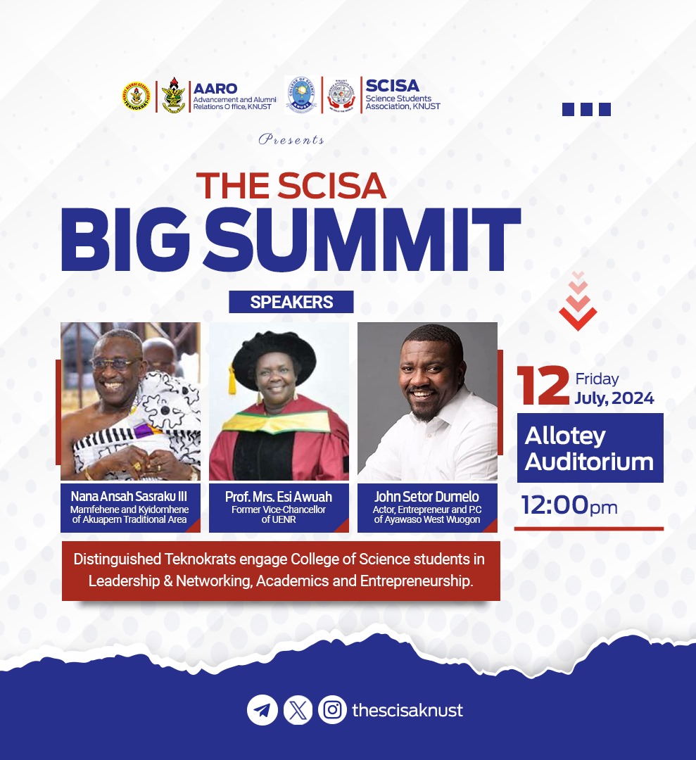 thescisaknust's tweet photo. The Science Students Association in collaboration with the Advancement and Alumni Relations Office, invites you to the SCISA Big Summit which is scheduled to take place on Friday, the 12th of July 2024 at 12:00pm.
See you there!

#BigSummit | #Weholdtheworld https://t.co/C4zDqY2jMB