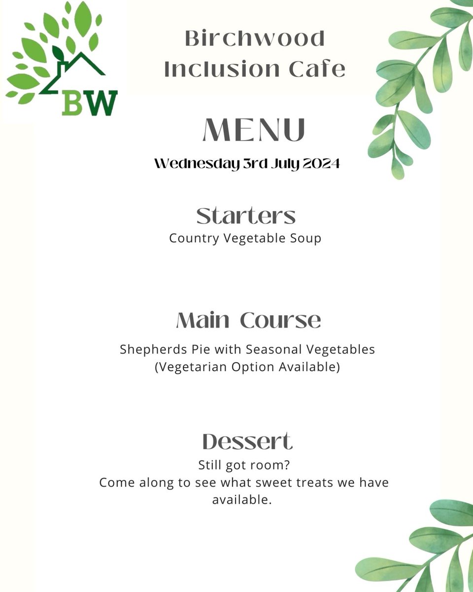 Welcome to Birchwood's Café. 

Every Wednesday at the Tanhouse Community Centre.

Our café is open to all.

Allergen Notice:

Should you have any allergens, dietary needs or Q's for our menu.
Please ask a member of staff for details.