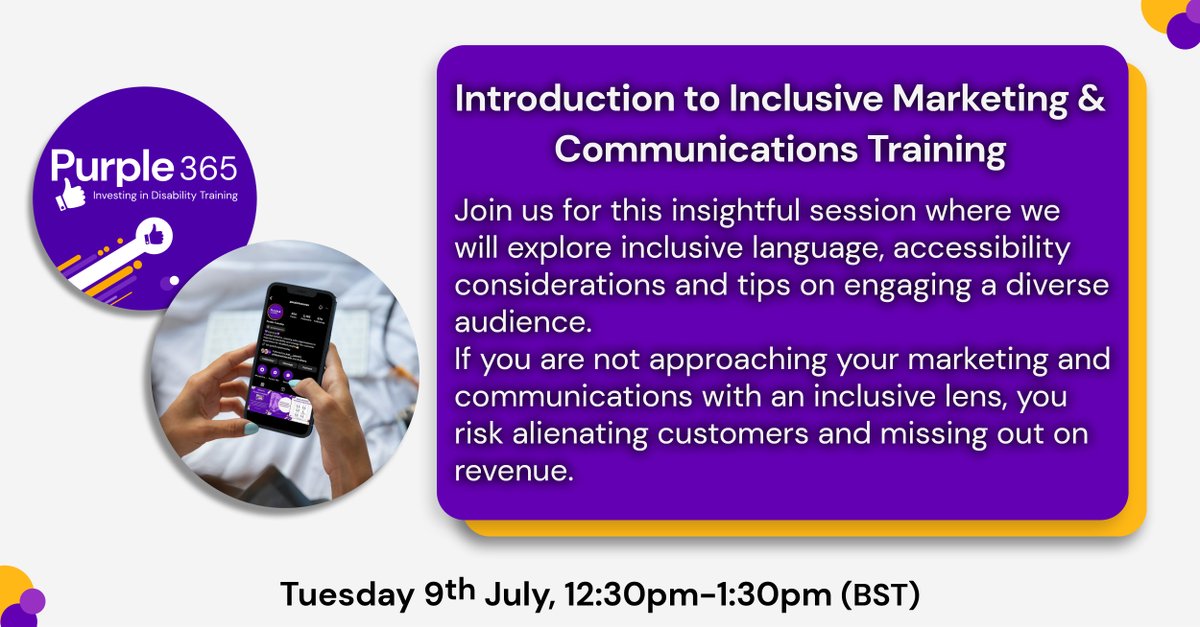 PurpleTuesNov's tweet photo. The next #Purple365 session will be: Introduction to Inclusive Marketing & Communications Training 👍
Not a subscriber yet? Visit: https://t.co/mD5647aCe0 to find out more!
#Purple365 #Training #DisabilityTraining #Inclusion #Disability https://t.co/ajj84cufPJ
