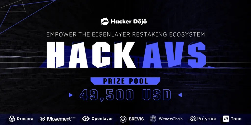 DoraHacks's tweet photo. 🕵️♂️ Check out #HackAVS, the Global @eigencloud AVS Hackathon by Hacker Dojo. Submission DDL is July 20 23:59 UTC.
Participate in building the future of restaking and compete for share of $49,500 prize pool across 8 diverse tracks.
Start your BUIDL now: https://t.co/ZJoz9CsxQv https://t.co/860dj3dmAJ
