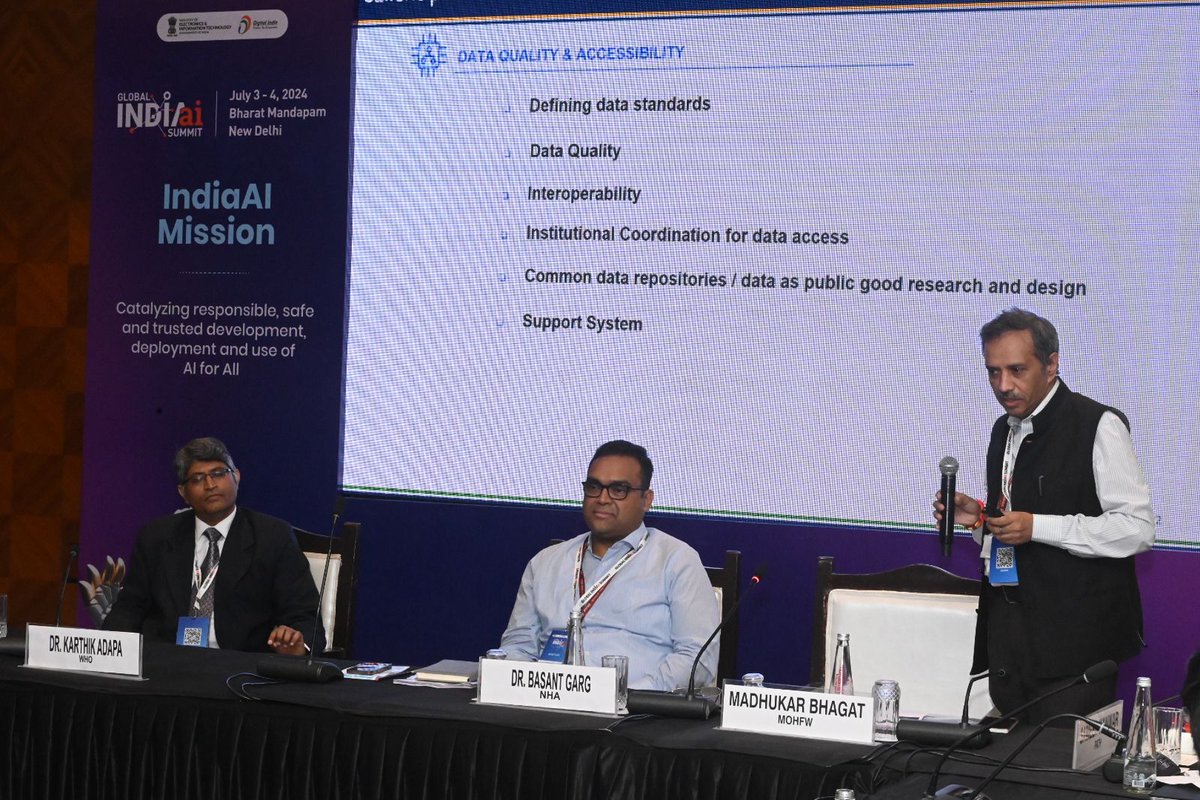 AI experts and leaders convened at the #GlobalIndiaAISummit 2024 to create a global AI roadmap!

Dr Basant Garg <a href="/AddlCEONHA/">Dr. Basant Garg</a>, NHA in his address talked about AI in digital health, vision of ABDM, Electronic Health Records, Digital Public Infrastructure &amp; Interoperable Data Sets.