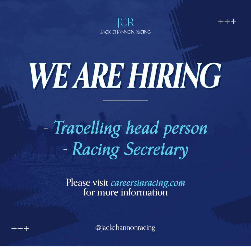 ChannonRacing's tweet photo. 𝗪𝗘 𝗔𝗥𝗘 𝗛𝗜𝗥𝗜𝗡𝗚! 🏇
Jack Channon Racing is recruiting a full-time Racing Secretary and Travelling Head Person to join the team at West Ilsley Stables.
💻For more information, please visit: https://t.co/Db9oHSV1OQ
#JackChannonRacing #CareersInRacing #WorkWithHorses https://t.co/W3U04Lb25X