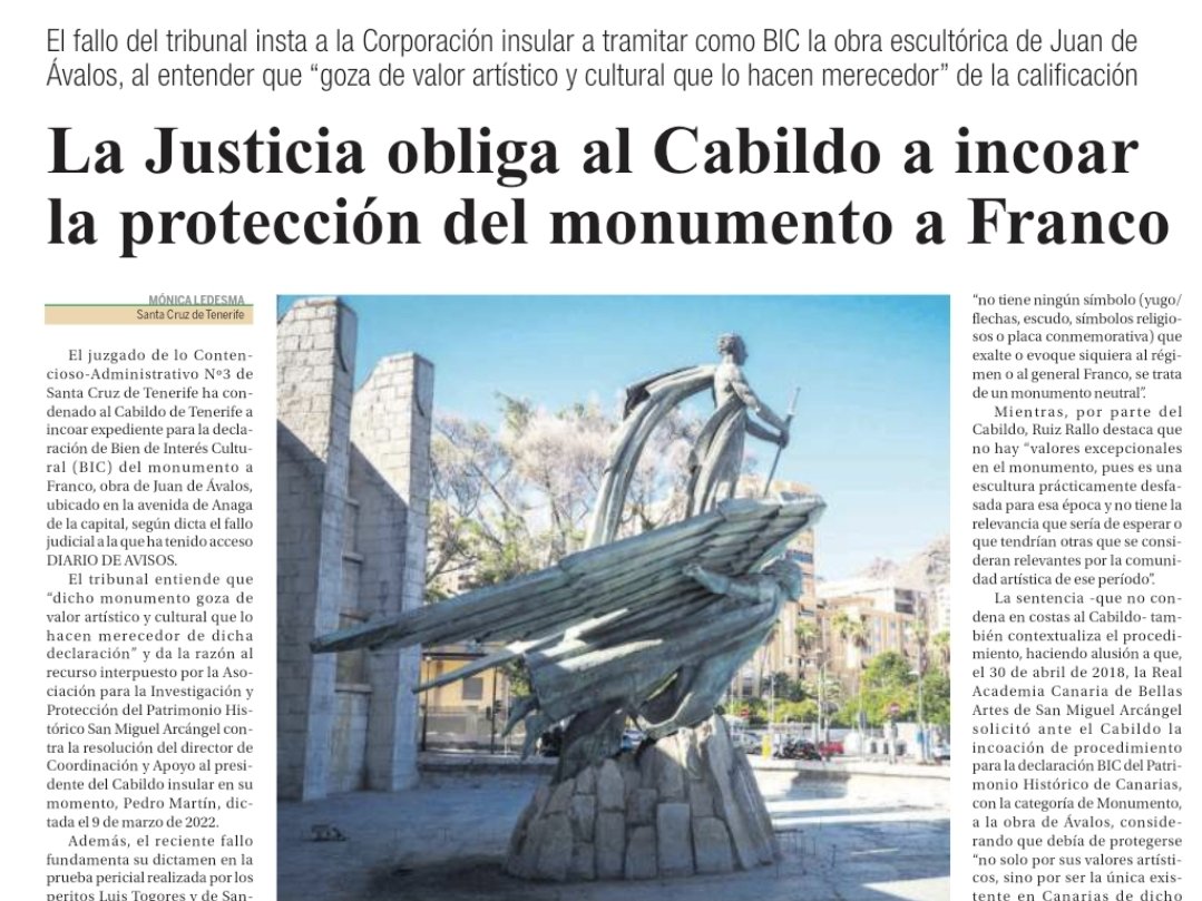 🧵 Chiquita vergüenza. La misma justicia que ni se inmuta cuando se trata de proteger el patrimonio histórico o natural canario. Que no actúa ante golfadas, con el monumento a Franco demuestra una extraordinaria preocupación por el "arte". Alguno dejó todo "atado y bien atado"