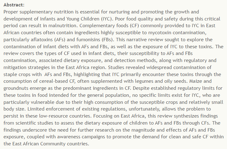 crnfsjournal's tweet photo. Read the Article here - https://t.co/dTuHbGJaWz
Dietary Exposure of Infants and Young Children to Aflatoxins and Fumonisins in the East African Region: A Review
#Complementaryfoods #Contamination #Exposure #Mycotoxin #Regulatorylimits #Nutrition #FoodSciences #foodprocessing https://t.co/Qu58z0HP9b