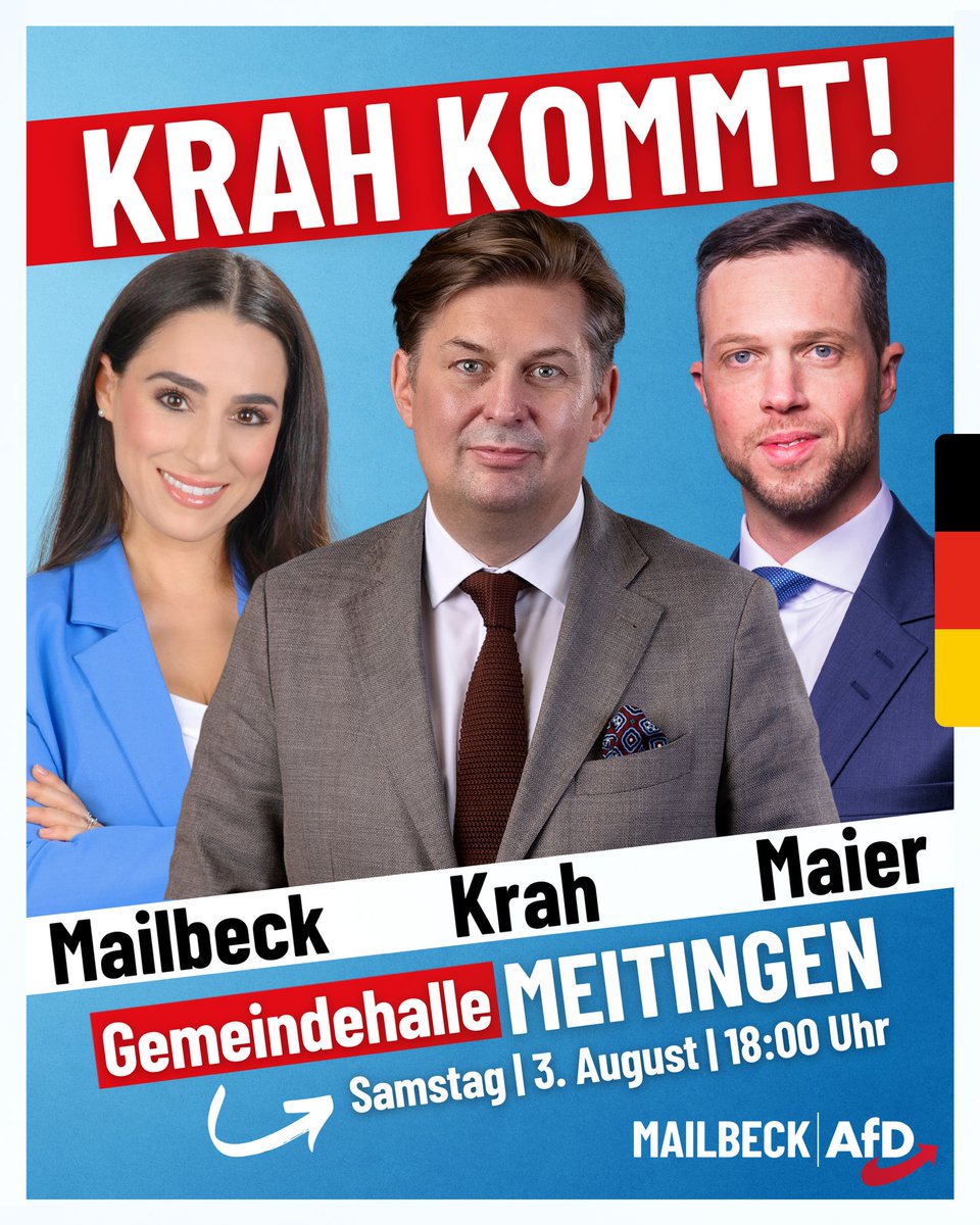 MailbeckG's tweet photo. Am 3. August kommt @KrahMax nach Meitingen!

Wir freuen uns auf einen tollen Samstagabend in der Gemeindehalle #Meitingen. Wir möchten euch zeigen, dass Politik ehrlich sein kann und uns alle unmittelbar betrifft. Gerade im Hochsommer lodert unser Stolz für die Heimat umso mehr! Auf geht’s! Kämpft mit uns für Deutschland! Alle Bürger, die uns hautnah erleben möchten, sind herzlich eingeladen. Eine Anmeldung ist nicht notwendig. Wir freuen uns auf euch!

➡️ Samstag, 3. August um 18:00 Uhr 
➡️ Einlass ab 17:30 Uhr 
📍 Gemeindehalle Meitingen, Werner-von-Siemens-Straße 2, 86405 Meitingen