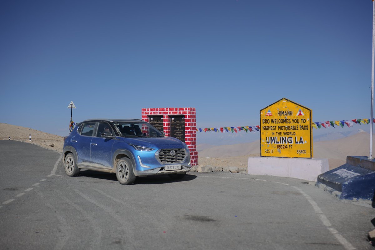 Nissan_India's tweet photo. History made! #NissanMagnite EZ-Shift AMT reaches #UmlingLa, the world's highest motorable pass, with
@BunnyPunia from @91wheels behind the wheel. The #EZShift showcases exceptional performance, engineering, and sets a new benchmark for adventure, long-distance driving & value! https://t.co/MfOuQlsQ0W