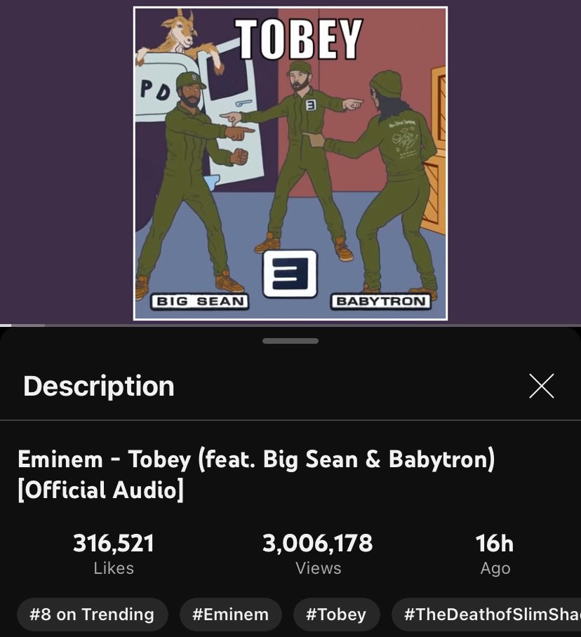 eminemchart's tweet image. Eminem’s “Tobey” (ft Big Sean &amp;amp; Babytron) [Offical Audio]  has now surpassed 3 million views on Youtube in its first 16 hours of release.

#TOBEY #TheDeathOfSlimShady