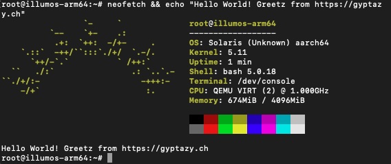 gyptazy's tweet image. Ok, finally! Here wo go: #Illumos on #ARM64 via #IllumosGate.

Here, we have an image running which will be soon shared as a raw image (w/o patched #Qemu) &amp;amp; also trying to provide a #Vagrant image soon.

#aarch64 #solaris #openIndiana #Tribblix #OmniOS