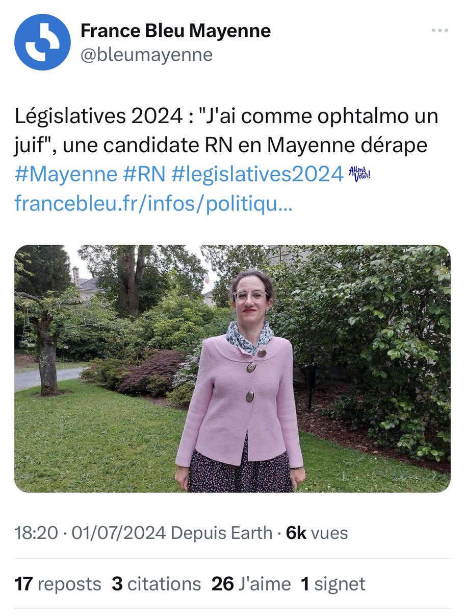 Le profil des candidats RN en Mayenne :
❌ l’une condamnée pour prise d’otages
❌ l’autre tenant des propos ahurissants sur la religion…de son ophtalmolo et de son dentiste 

La face cachée de Bardella et du RN : la réalité d’une extrême-droite violente incapable de gouverner.