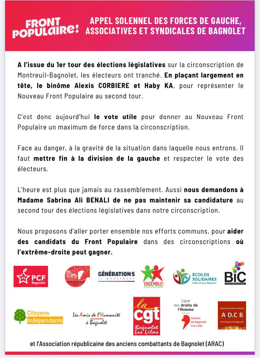 À #Bagnolet et à #Montreuil, les partis de gauche appellent à voter pour <a href="/alexiscorbiere/">Alexis Corbière</a> candidat du front populaire ! Les voix seront comptées NFP malgré les mensonges colportés par d’autres.