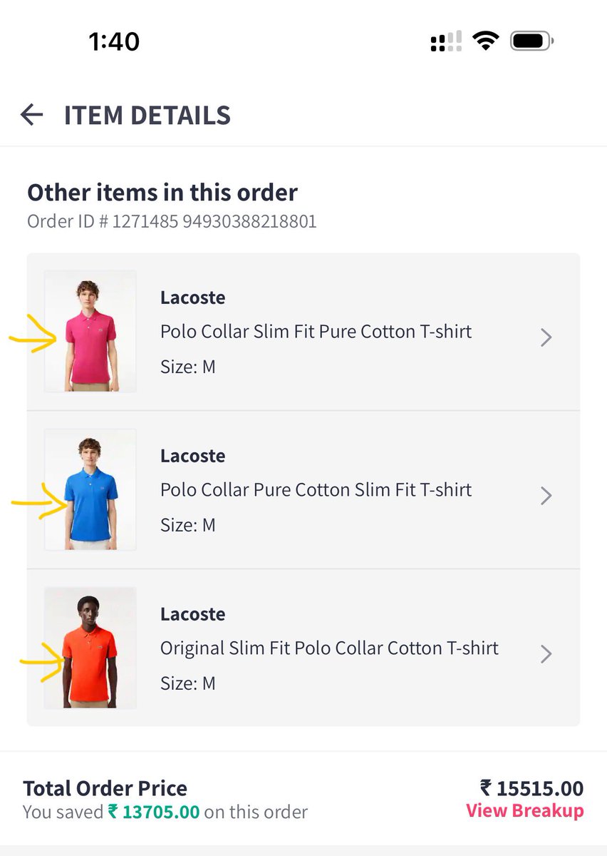 TimeTravellerO's tweet photo. @MyntraSupport I had ordered 4 Lacoste T-Shirts. In the delivery package I had only received one T-Shirt which was Navy Blue one. The rest Three which are PINK , ORANGE AND BLUE are MISSING from the package. This is very serious matter. @myntra Revert ASAP https://t.co/w8I4RirNqZ