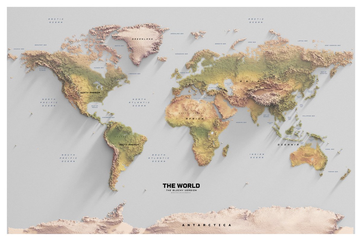 verygoodmaps's tweet image. While I'm finally doing some sort of world map, here's a fun blocky experiment. #worldmap #maps #elevation