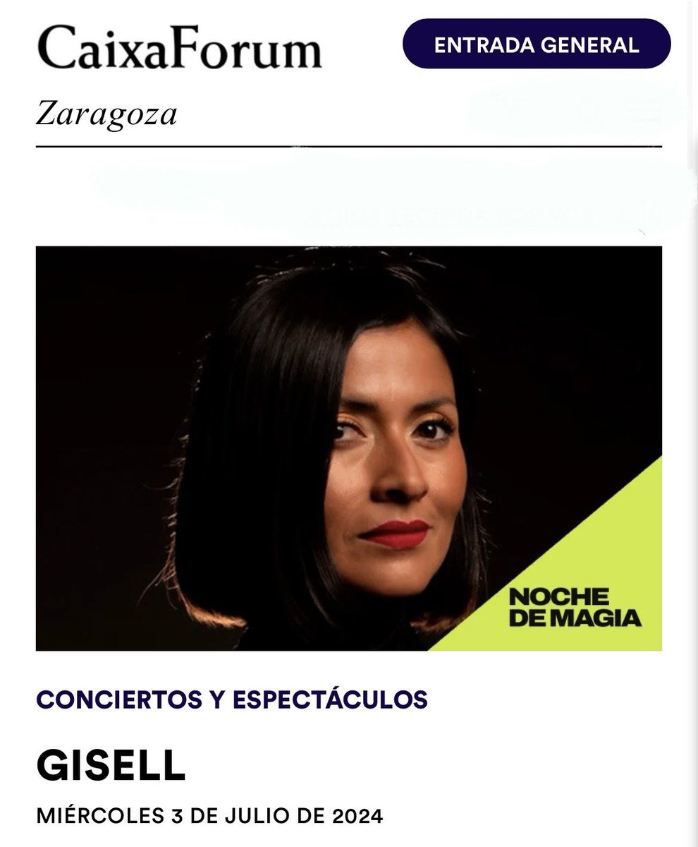 MagicaGisell's tweet photo. Esta noche nos vemos en ZARAGOZA ❤️
“Noches de verano” con #caixaforumZaragoza
Te espero con una sesión de Magia Muy de cerca ⬅️ #magiamuydecerca
¿Nos vemos?
#caixaforumzaragoza #gisell#magaperuana #nochesdemagia2024 #micromagia #magiamuydecerca #magagisell #Magiabcn https://t.co/Fv69jNtXIG