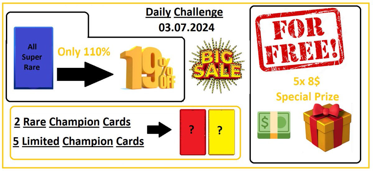 Its time for <a href="/Sorare/">Sorare</a> Daily Challenge 03.07.2024 👀

1⃣ 5 Limited and 2 rare Champion Cards for random 7 people who make at least one transaction with me within 24 hours. 🔥🔥🔥
2⃣ Swap all my Super Rare Cards for ONLY 110% of Your cards value 🔝🔝
3⃣🆓 8$ and Special Prize🎁 for