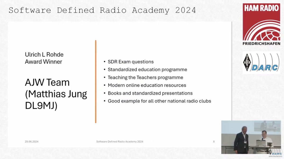 I'm thrilled that my digital-team and I have won the prestigious Ulrich L. Rohde Award at the 2024 SDR Academy in Friedrichshafen. Our work focused on integrating  #SDR into the German amateur radio exam and educational materials. We are truly honored by this recognition.