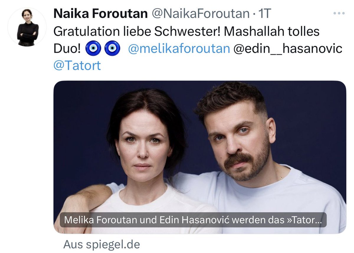 WolfMalca's tweet photo. Wo #Foroutan draufsteht, ist #Foroutan drin 🤷‍♀️

Das neue Frankfurter @Tatort-Team steht.
@NaikaForoutan gratuliert ihrer Schwester @melikaforoutan zur Besetzung als Kommissarin mit einem herzlichen „Mashallah“.
Wen der @hrPresse da besetzt hat, wird klar, wenn man sich die Konversation zwischen dem Islam-Experten @KaymanMurat und Melika Foroutan ansieht.
In Bezug auf die jüdische Sache steht sie ihrer Schwester offenbar in Nichts nach.
Das schadet einer Karriere im besten Deutschland aller Zeiten natürlich nicht.

Mazal Tov!